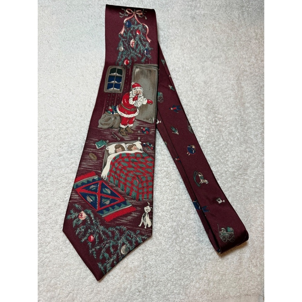 Zylos George Machado Christmas Silk Tie Burgundy Santa Sleeping Children USA